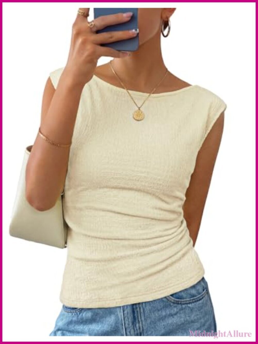 Women's Cap Sleeve Boat Neck Slim Fit Ruched Tank Top Summer Business Casual